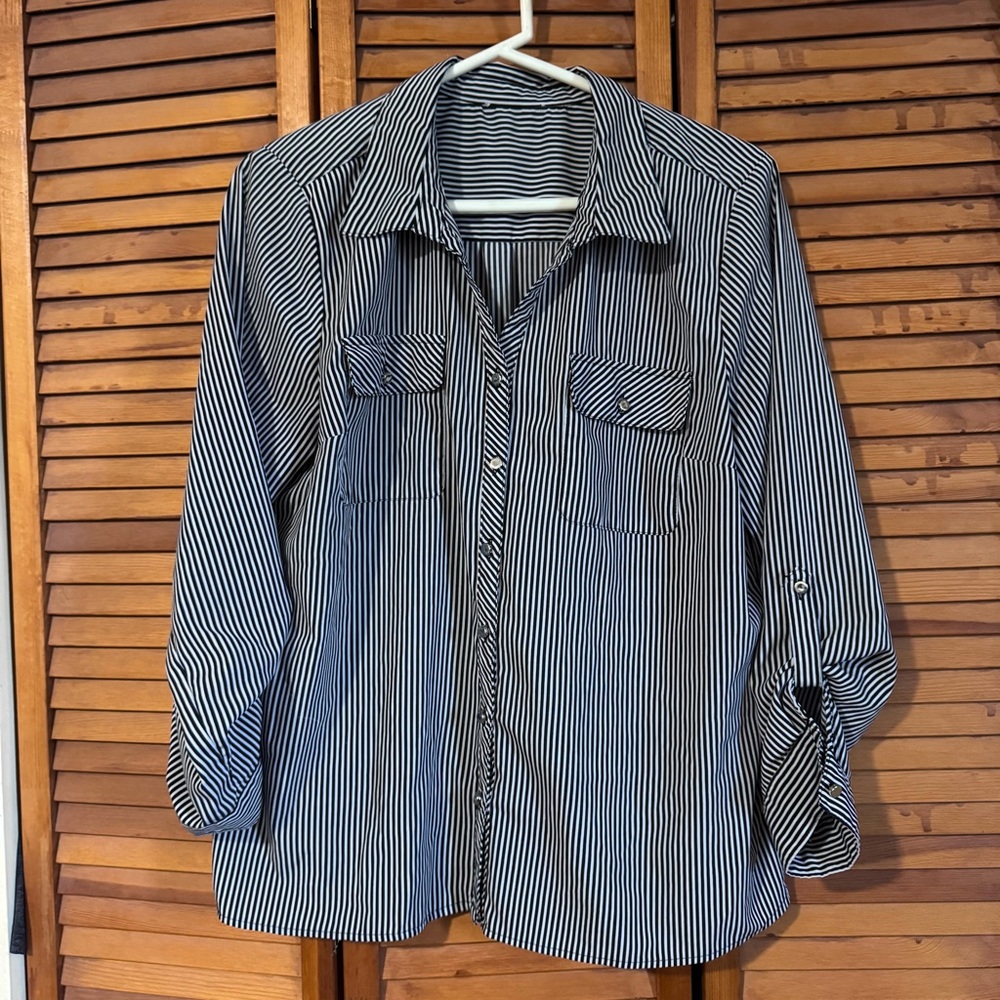Black & White Vertical Stripe Button-Up Blouse